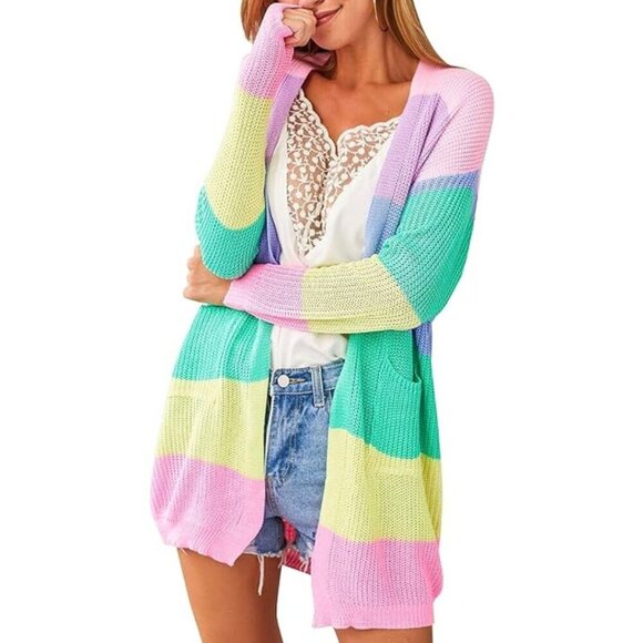 Pastel Rainbow Knit Long Sleeve Cardigan Lightweight Spring Pockets Colorblock - Picture 3 of 16